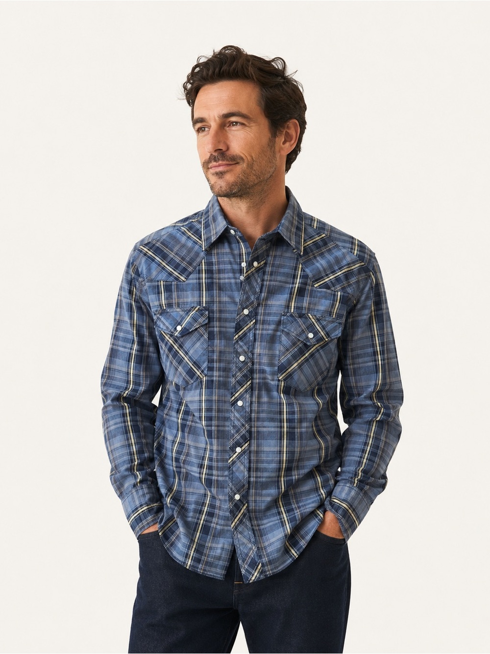 Wrangler Western Shirt Blue Plaid Pearl Snap Shirt Medium